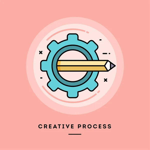 Proceso creativo, diseño plano banner de línea delgada. Ilustración vectorial . — Vector de stock