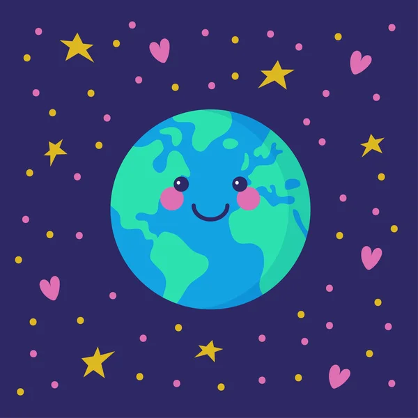 Boldog mosolygó földet, a csillagok és a szív között lebegve. Mentsd meg a bolygót, a környezetvédelemi koncepciót. — Stock Vector