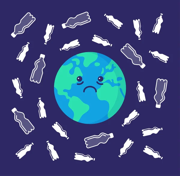 Sad Earth, surrounded by plastic bottles waste. — Stock Vector