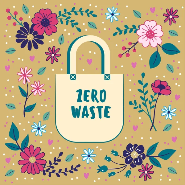 Zero Waste concept. Katoenen tas op een florale achtergrond. Duurzaamheid. — Stockvector