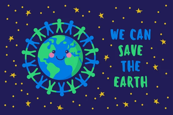 Podemos salvar la Tierra. Gente cogida de la mano alrededor del planeta . — Vector de stock