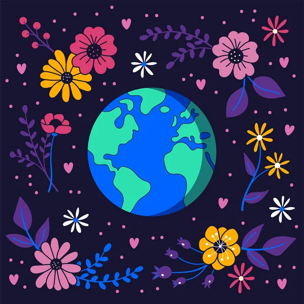 Terre dans l'espace entourée de fleurs. Fond floral . — Image vectorielle