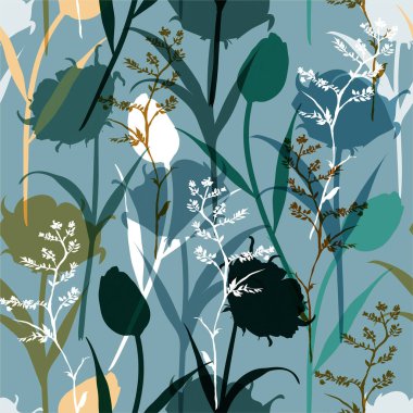 Mavi arka plan üzerinde çiçek siluetleri ile dikişsiz desen