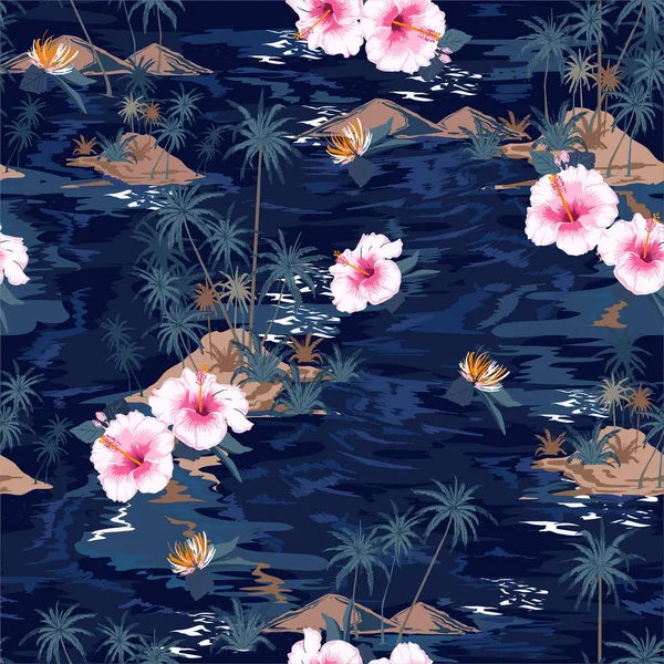 无缝岛模式与棕榈树 鲜花和海浪 — 图库矢量图片