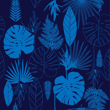 Yaz mavisi tropikal palmiye ağaçları pürüzsüz izler bırakır. Kartlar, web, arka planlar ve doğal ürün için vektör tasarımı.