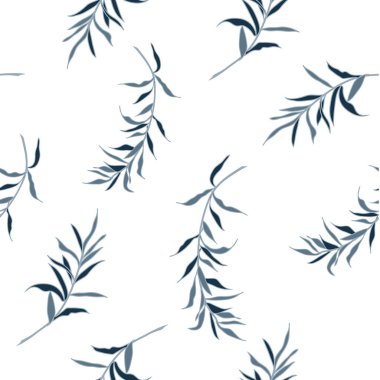 Beyaz arka planda mavi yaprak silueti var. Tropikal bitkilerle vektörsüz desen