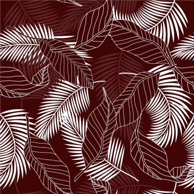Yaz bergonya rengi ve beyaz tropikal palmiye yaprakları pürüzsüz desen oluşturuyor. Kartlar, web, arka planlar ve doğal ürün için vektör tasarımı.