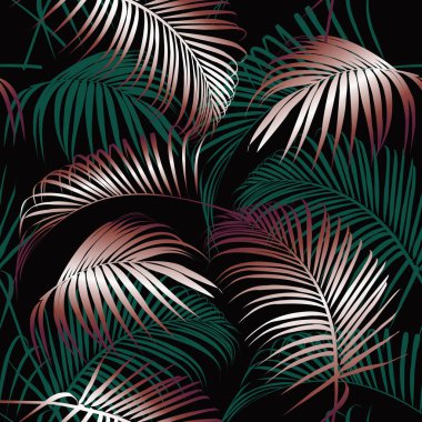 Kusursuz, sanatsal, karanlık, egzotik ormanlı tropikal desenler. Renkli orijinal yapraklar arka plan izi, siyah yapraklar.