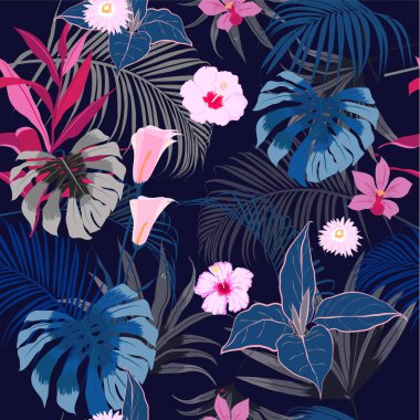 Kusursuz, sanatsal, karanlık, egzotik ormanlı tropikal desenler. Renkli, orijinal çiçek arkaplan izi, açık gökkuşağı çiçeği lacivert.