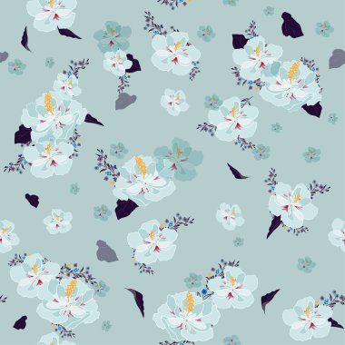 Zarif desenli, çiçek açan yeşil nane arkaplanlı, vektör çiçek resimli modern tarzda.