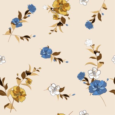 Çiçeklerin birçok çeşidinde son moda çiçek deseni. Tropik botanik motifleri rastgele dağılmış. Kusursuz vektör dokusu. Açık bej arkaplanda elle çizilmiş biçimle yazdırma.