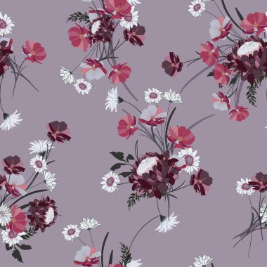 Çiçeksiz arka plan ve buketler dolusu yabani çiçekler. Duvar kağıdı, kumaş, dijital kağıt vs. için klasik bir süs. Kalitesiz şıklığın deseni.