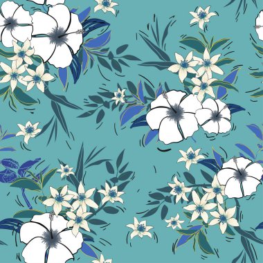 Kusursuz, güzel, sanatsal, parlak, egzotik ormanlı bir tropikal model. Renkli orijinal çiçek arkaplan baskısı, parlak gökkuşağı renkleri mavi nane arkaplanında.