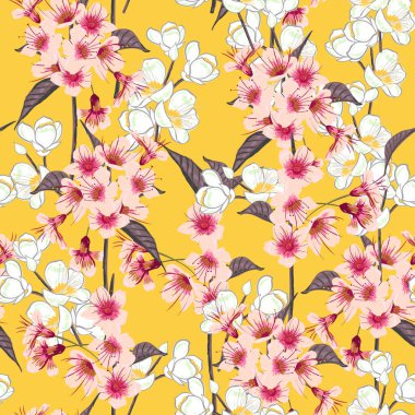 Pembe Sakura çiçeğinin kusursuz arkaplan deseni ya da Japon çiçekli kiraz sembolü. Renkli sarı arka planda moda tekstili için uygun rastgele düzenlenmiş kare bir format..