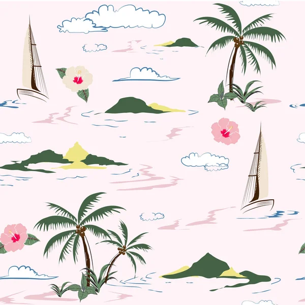 Красивий Безшовний Острівний Візерунок Рожевому Тлі Пейзаж Пальмами Плямами Океаном — стокове фото