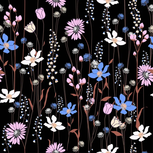 Bezešvé Vzor Vítr Foukat Květiny Izolované Černé Barvě Botanická Květinová — Stock fotografie