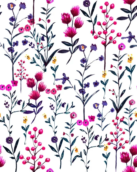 Akvarell Illustration Vilda Blommor Mönster Delikata Blommor Gul Blå Och — Stockfoto