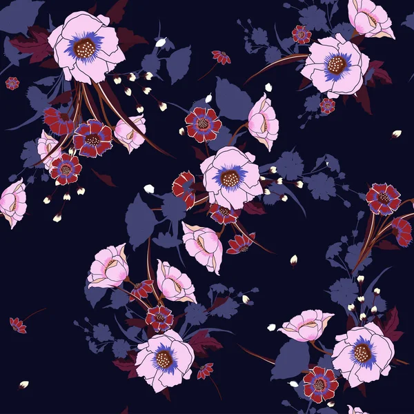 Trendig Blommönster Nga Typer Blommor Blommande Botaniska Motiv Utspridda Slumpmässigt — Stockfoto