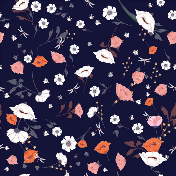 Seamless Pattern Wind Blow Blooming Flowers Isolated Navy Blue Color — Stock Photo, Image