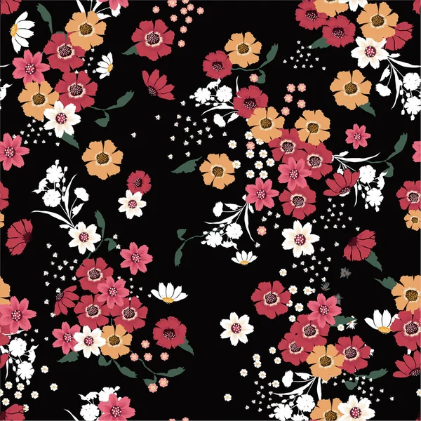 Nahtlose Muster Wind Blasen Blühende Blumen Vereinzelt Auf Schwarzer Farbe — Stockfoto