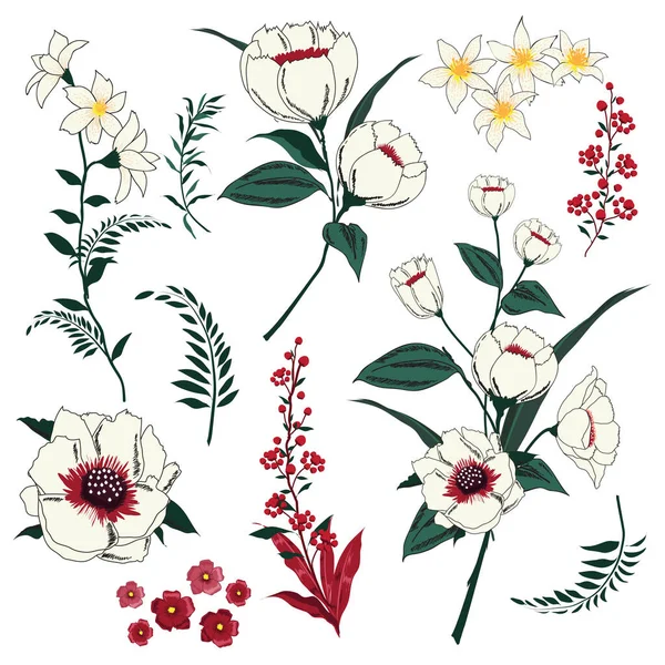 Uppsättning Sommar Blommigt Gratulationskort Med Blommande Trädgård Blommor Botaniska Naturliga — Stockfoto