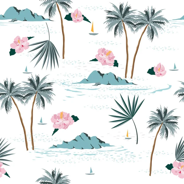 Mooi Naadloos Eilandpatroon Witte Achtergrond Landschap Met Palmbomen Strand Oceaan — Stockfoto