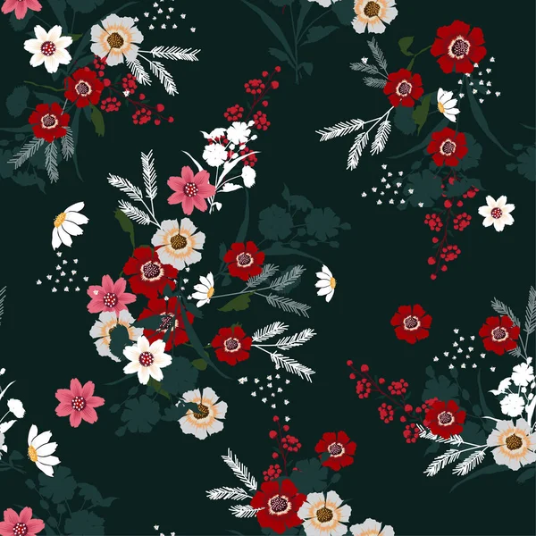 Beautiful Vector Christmas Pattern Hellebore Flowers Poinsettia Red Berries Dark — Stock Photo, Image