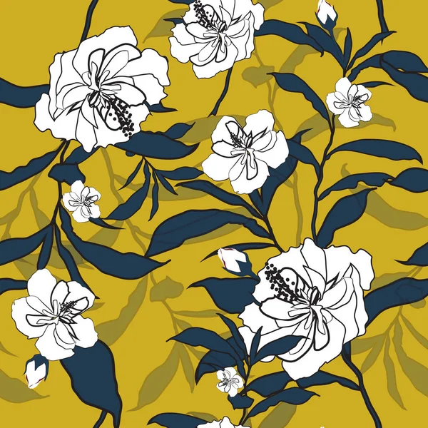 Outline blooming flower vector illustration. Seamless pattern with white flowers on a yellow  background.