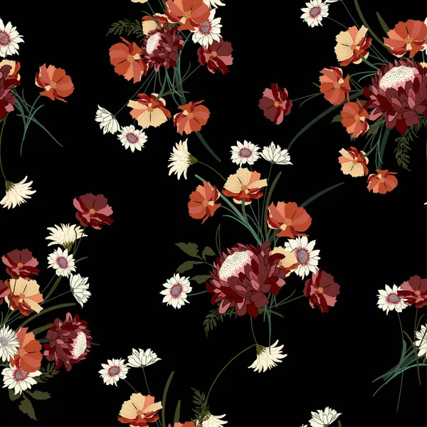 Botanical Wild Flowers Leaves Pattern Black Background — Stock Photo, Image