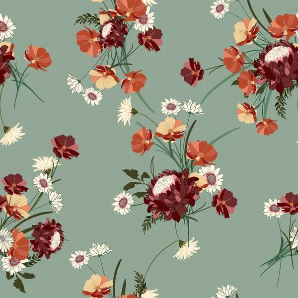 Bezproblemowe Tło Kwiatowe Bukietami Dzikich Kwiatów Vintage Ozdoba Tapety Tkaniny — Zdjęcie stockowe