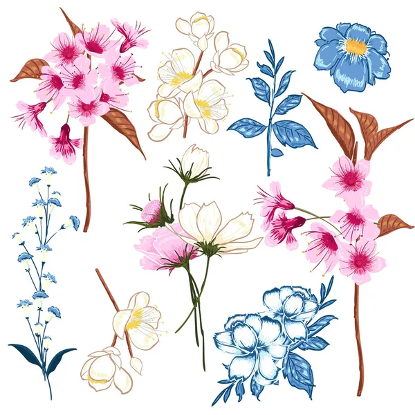 Set Vectores Hermosos Florales Artísticos Brillantes Que Florecen Flores Wold — Foto de Stock