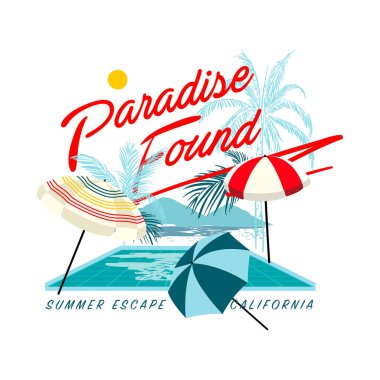 Yaz Okyanusu tarafındaki şık tişört ve paraşüt kıyafeti. Palmiye ağaçlarının üzerinde şemsiyeli tatil havuzu olan moda tasarımı. Beyaz arka planda vektör çizimi.