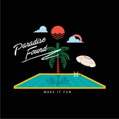 Vektör tropikal elementler. Yaz plajı ağaçları, havuz, şemsiye, gökyüzü ve resimli yağmur yayı. Tişört, moda, kumaş, ağ, duvar kağıdı, ambalaj ve siyah arkaplan üzerindeki tüm baskılar için tasarım