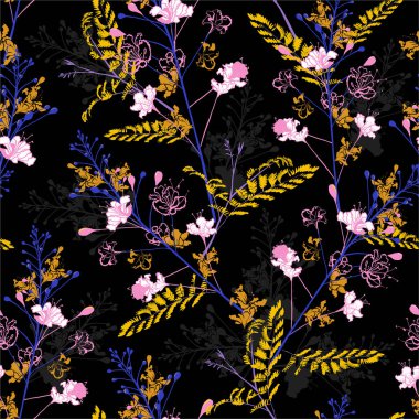 Karanlık bahçe gecesi çiçek açan tavus kuşu çiçekleri, dallar, yapraklar. Vektör kusursuz desen. Kumaşlar için resim ve siyah arkaplan rengi üzerindeki tüm baskılar