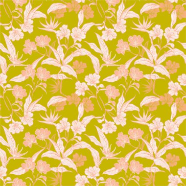 Güzel, pürüzsüz desen çizgisi botanik çiçekleri ve bahçedeki bitkiler tatlı ruh hali taşıyıcı illüstrasyonu. Moda ağı, duvar kağıdı, ambalaj, kumaş ve limon yeşili arkaplan rengi üzerindeki tüm baskılar için tasarlandı.