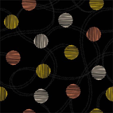 Güzel el çizimi daire ve el çizimi çift çizgili polka noktalar rastgele dikişsiz şablon vektörü. Moda, kumaş, ağ ve siyah üzerine tüm baskılar için tasarım