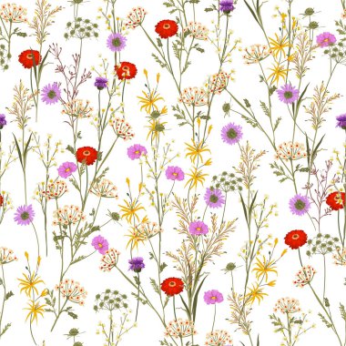 Birçok yaz çiçekleri ve bitki bitkilerinin güzel el çizimleri vektör tasarımında kusursuz desen, moda, kumaş, ağ, ambalaj ve beyaz arka plan renklerindeki tüm baskılar için.