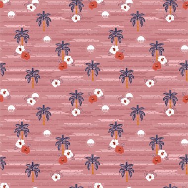Okyanus ikonu elementlerindeki Retro Pürüzsüz yaz desenli ada. Palmiye ağaçları, amber çiçeği, güneş gibi. Moda, kumaş, ağ, duvar kağıdı ve klasik pembe arkaplan rengi üzerindeki tüm baskılar için tasarım