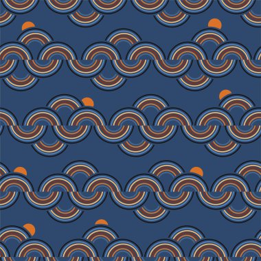 Retro renkli Geo çizgisi ve Yarım Noktalar yatay çizgili vektörsüz desen. Moda, kumaş, ağ, ambalaj, duvar kağıdı ve koyu mavi arkaplan rengi üzerindeki tüm baskılar.