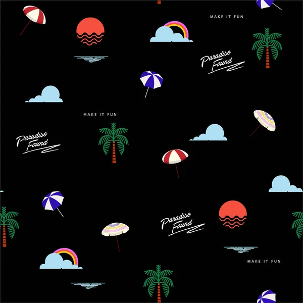 海滩图标元素无缝夏季图案 如棕榈树 海和措辞帕丽迪丝基金会在所有印刷品的黑色背景色彩设计上重复 — 图库矢量图片