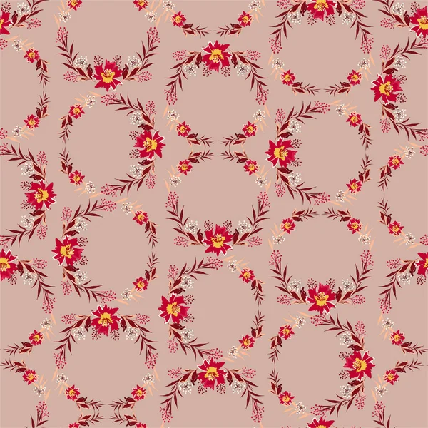 Patrón Sin Costuras Forma Círculo Corona Romántica Flores Rojas Botánicas — Vector de stock