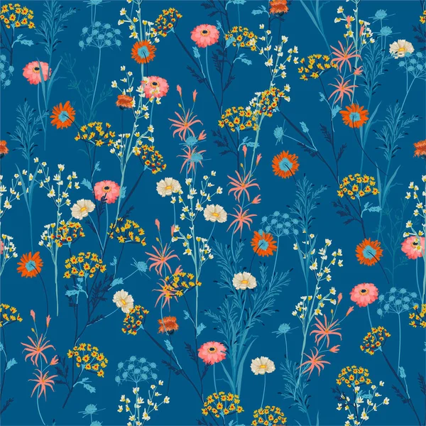 Barevné Ručně Kreslené Mnoha Druhů Letní Kvetoucí Luční Květiny Botanické — Stockový vektor