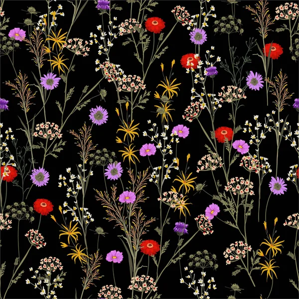 Yaz Gecesinde Botanik Bahçesi Çiçeği Vektörde Kusursuz Desen Moda Kumaşı — Stok Vektör