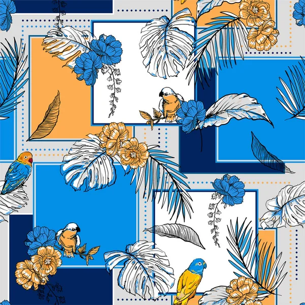 Trendy Blue Yellow Tropical Plants Birds Patrón Bufanda Seda Mezclado — Vector de stock