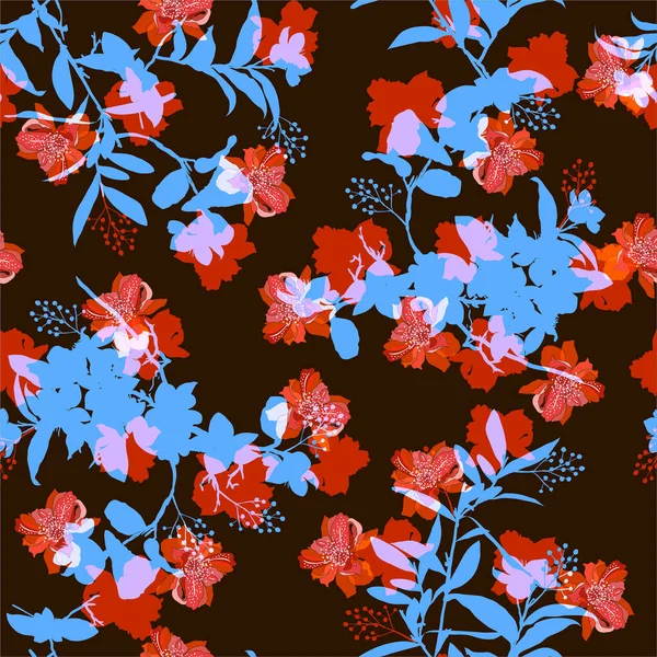 Vektorový Bezešvý Vzor Ruční Kresbou Silueta Botanické Kvetoucí Divoké Květiny — Stockový vektor