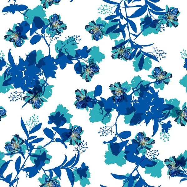 Monotónní Odstín Modré Vektorový Bezešvý Vzor Ruční Kresbou Silueta Botanické — Stockový vektor