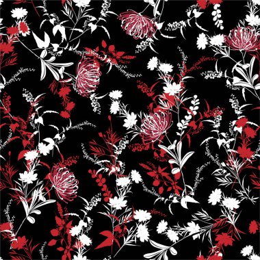 Botanik ve çayır çiçeklerinin şık silueti. Moda, kumaş, duvar kağıdı, ambalaj ve siyah arkaplan rengi üzerindeki tüm baskılar için vektör tasarımında kusursuz desen.