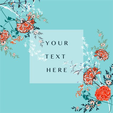 Çiçek açan çiçekli tebrik kartı, çiçek açan karanfil ve bahçe çiçekleri, açık mavi arkaplan renginde custumer illüstrasyonu, moda, kumaş, duvar kâğıdı ve tüm grafik tipleri için tasarım