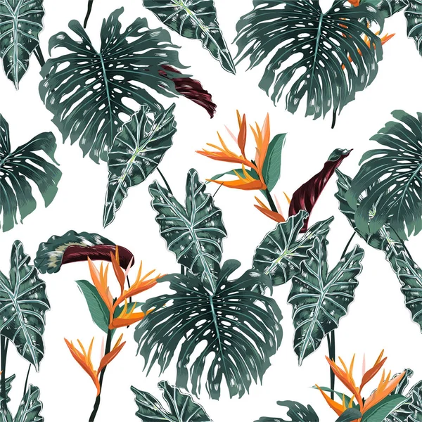 Greenery Nahtloses Muster Des Tropischen Waldes Mit Vielen Exotischen Pflanzen — Stockvektor