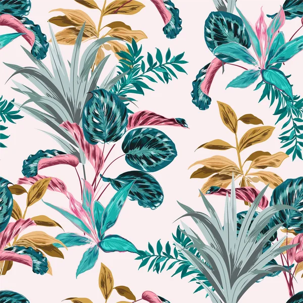 Tatlı retro pastel modu, tropikal ormanın birçok egzotik bitki ve yaprakla kusursuz deseni, moda kumaşı, ağ, duvar kağıdı ve açık pembe arka plandaki tüm baskılar için tasarlanmış.